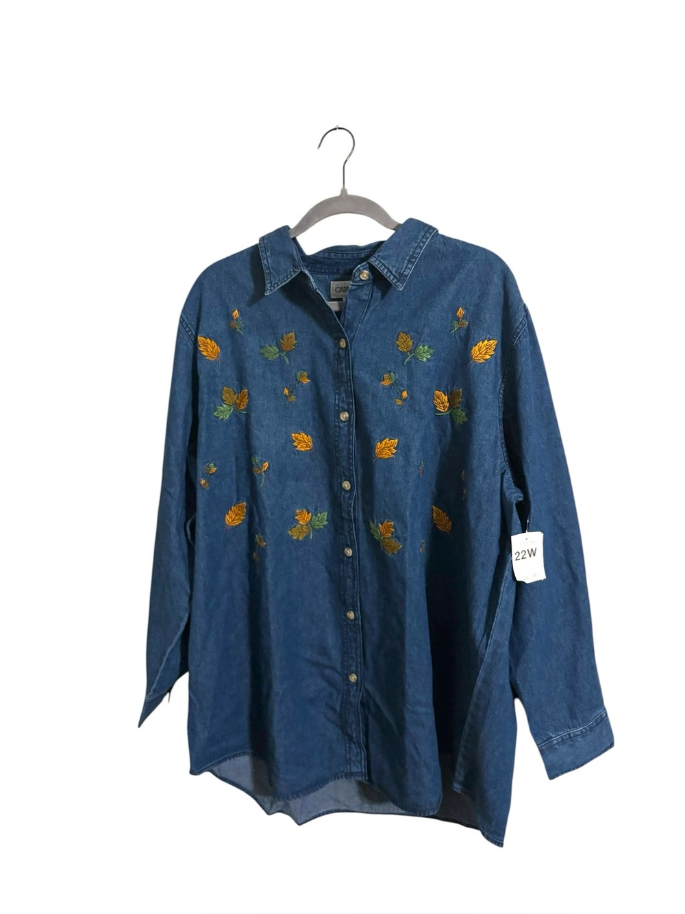 Cabin Creek Autumn Leaves Embroidered Denim Chambray Button Up Shirt 22W